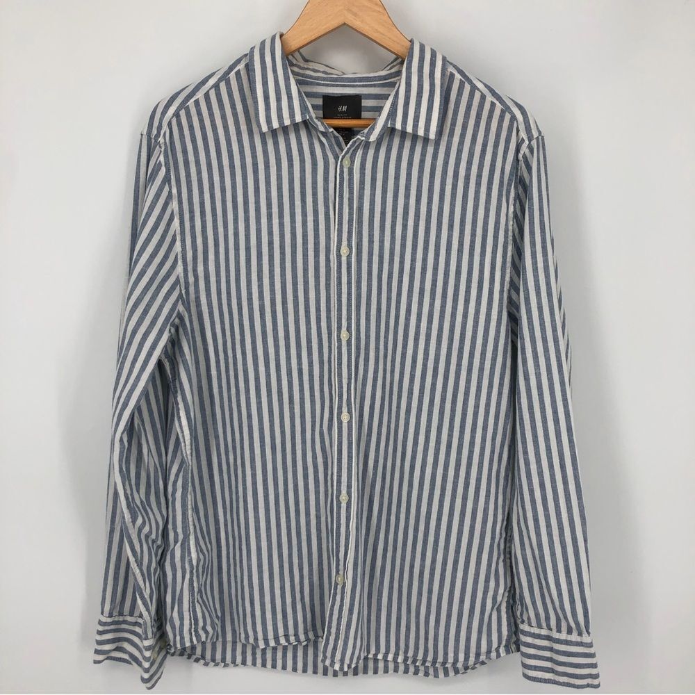 H&M Shirt Mens Large Slim Fit Linen Striped‎ Blue White Button Front Long Sleeve